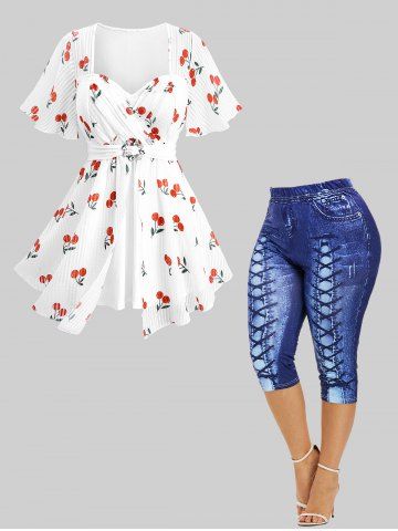 Cherry Fruit Waffle Plaid Print Crisscross Blouse and Lace Up Jean Print Capri Leggings - WHITE