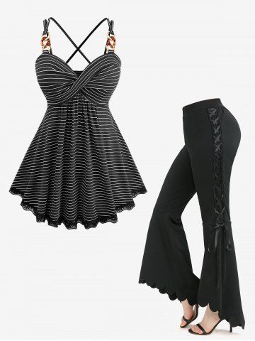 Striped Twist Crisscross Strappy Backless Top and Lace Up Scalloped Hem Asymmetric Flare Pants Plus Size Outfit - BLACK