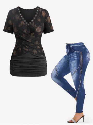 Tie Dye Flower Graphic Crossover Ruched Top and 3D Denim Topstitching Print Leggings Plus Size Outfit - BLACK