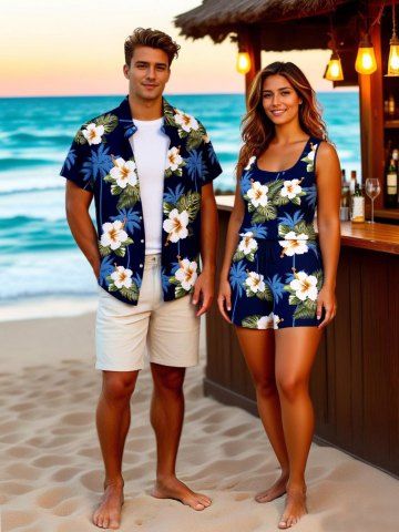 Matching Hawaii Shirt and Romper Plus Size Beach Outfit Coconut Tree Tropical Leaf Hibiscus Flower Print For Couples - BLACK