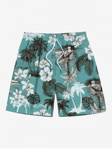 Plus Size Coconut Tree Tropical Leaf Hibiscus Flower Print Hawaii Drawstring Pocket Beach Shorts For Men - GREEN - 8XL