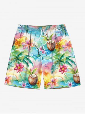 Plus Size Coconut Tree Flower Ombre Watercolor Print Hawaii Drawstring Pocket Beach Shorts For Men - MULTI-A - M