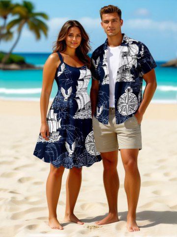 Tenue de plage assortie grande taille à imprimé aigle et gouvernail de croisière pour couples - DEEP BLUE