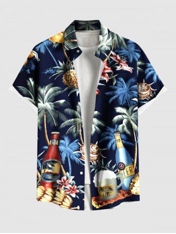 Plus Size Coconut Tree Hibiscus Flower Beer Shell Print Hawaii Button Pocket Shirt For Men - BLACK - 4XL