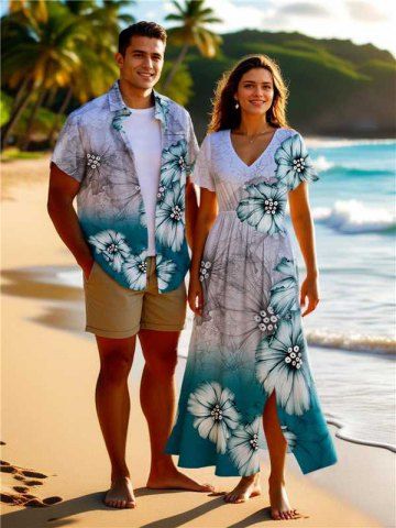 Ombre Flower Print Plus Size Matching Hawaii Beach Outfit For Couples - LIGHT GRAY