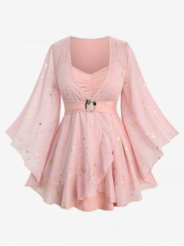Plus Size Foil Stamping Star Print Buckle Ruched Sheer Layered T-shirt - LIGHT PINK - 1X | US 14-16