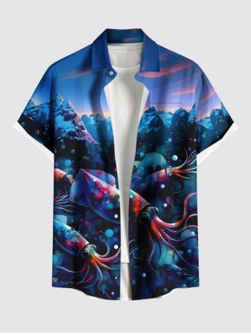 Plus Size Squid Seabed Mountain Print Hawaii Sea Creatures Ombre Button Pocket Shirt For Men - BLUE - 4XL