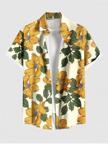 Plus Size Flower Leaf Print Hawaii Button Pocket Shirt For Men - YELLOW - 6XL