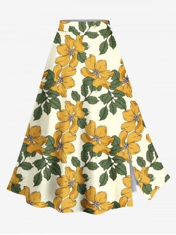 Plus Size Flower Leaf Print Hawaii Split A Line Skirt - BEIGE - XS