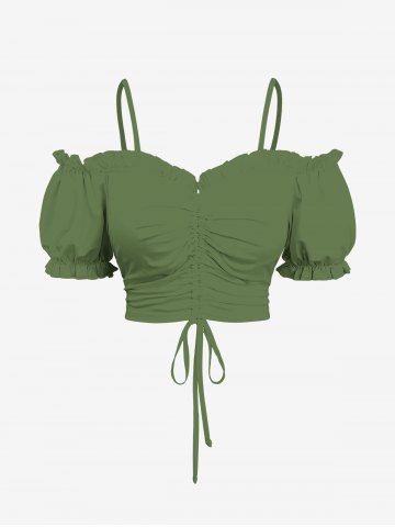 Plus Size Cold Shoulder Puff Sleeve Cinched Solid Top - GREEN - XS