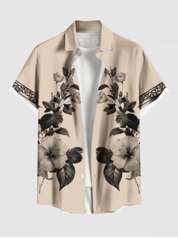 Plus Size Hibiscus Flower Leaf Branch Ethnic Print Hawaii Button Pocket Shirt For Men - APRICOT - 6XL
