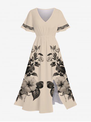 Plus Size Hibiscus Flower Leaf Branch Ethnic Print Hawaii Split Pocket A Line Midi Dress - APRICOT - XS