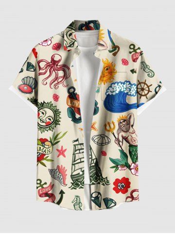 Plus Size Sun Mermaid Sailboat Octopus Sea Waves Shell Print Hawaii Button Pocket Shirt For Men - BEIGE - 4XL