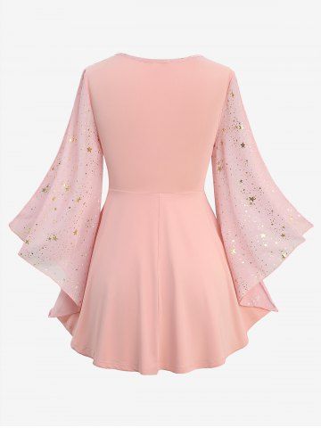 Plus Size Foil Stamping Star Print Buckle Ruched Sheer Layered T-shirt