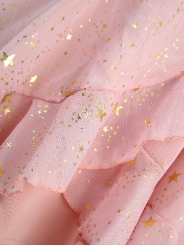 Plus Size Foil Stamping Star Print Buckle Ruched Sheer Layered T-shirt