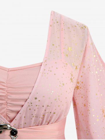 Plus Size Foil Stamping Star Print Buckle Ruched Sheer Layered T-shirt