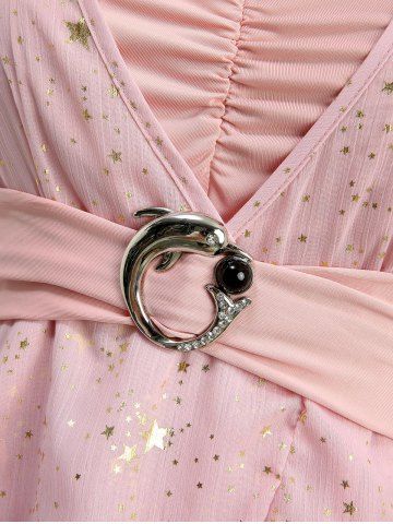 Plus Size Foil Stamping Star Print Buckle Ruched Sheer Layered T-shirt