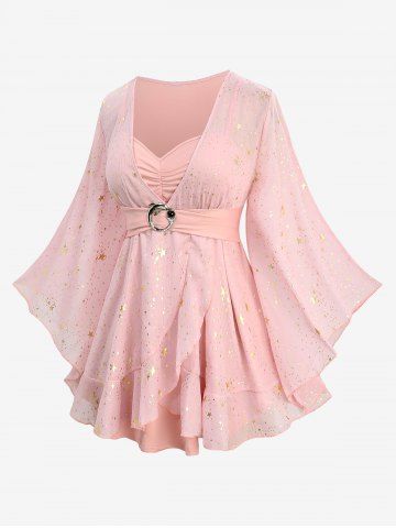 Plus Size Foil Stamping Star Print Buckle Ruched Sheer Layered T-shirt