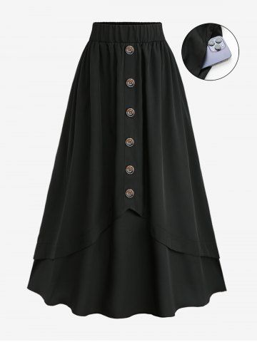 Plus Size Mock Buttons Layered Pocket Elastic Waist A Line Skirt - BLACK - 2X | US 18-20
