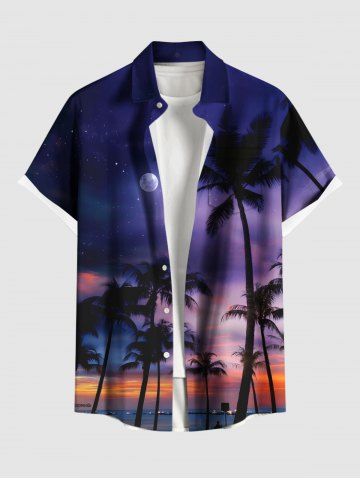 Chemise hawaïenne à poches boutons, imprimé galaxie crépuscule ombré cocotier, grande taille, pour hommes - CONCORD - 3XL