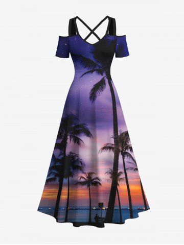 Robe longue grande taille à imprimé galaxie crépuscule et cocotiers, style hawaïen, épaules dénudées et croisée, coupe trapèze. - PURPLE - M