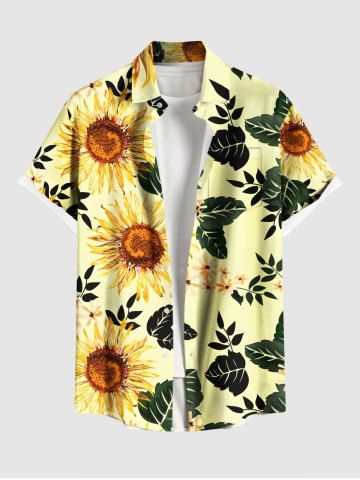 Plus Size Sunflower Leaf Branch Print Hawaii Button Pocket Shirt For Men - YELLOW - M