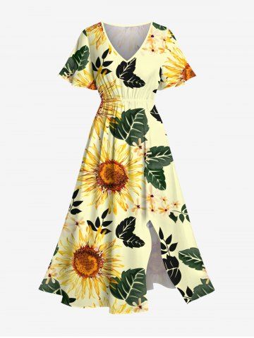 Plus Size Sunflower Leaf Branch Print Hawaii Split Pocket A Line Midi Dress - YELLOW - XXS
