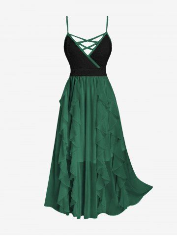 Plus Size Lace and Chiffon Ruffled Crisscross Maxi Sleeveless Wedding Dress - DEEP GREEN - 2X | US 18-20
