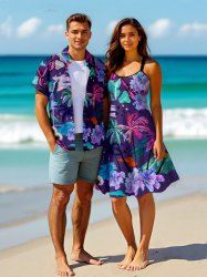 Colorful Coconut Tree Tropical Leaf Hibiscus Flower Print Plus Size Matching Hawaii Beach Outfit For Couples -  