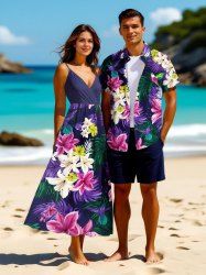 Tenue de plage hawaïenne assortie grande taille à imprimé feuilles tropicales, lys, fleurs et oiseaux pour couples - Pourpre  