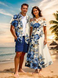 Flowers Leaf Print Plus Size Matching Hawaii Beach Outfit For Couples -  