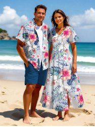 Tenue de plage hawaïenne assortie grande taille à imprimé tropical, fleurs d'hibiscus et feuilles, pour couples - Gris Clair 
