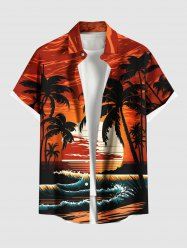 Plus Size Coconut Tree Sun Sea Waves Print Buttons Pocket Hawaii Shirt For Men -  