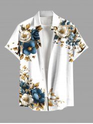 Chemise hawaïenne grande taille à imprimé floral et feuilles métallisées, boutons et poches pour homme - Blanc 2XL