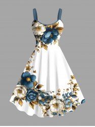 Plus Size Flowers Leaf Metallic Print Hawaii Tank Dress -  