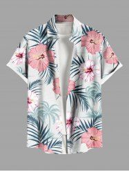 Chemise hawaïenne grande taille à imprimé feuilles tropicales et fleurs d'hibiscus, avec poches et boutons, pour homme - Blanc L