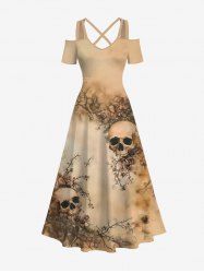 Robe longue hawaïenne grande taille à imprimé tête de mort, fleurs et feuilles, épaules dénudées et croisée - café L