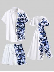 Tenue de plage hawaïenne assortie grande taille à imprimé feuilles tropicales et fleurs d'hibiscus pour couples - Blanc 