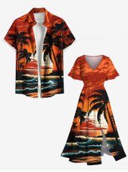 Tenue de plage hawaïenne assortie grande taille à imprimé cocotier, soleil et vagues pour couples - Rouge 