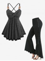 Striped Twist Crisscross Strappy Backless Top and Lace Up Scalloped Hem Asymmetric Flare Pants Plus Size Outfit -  
