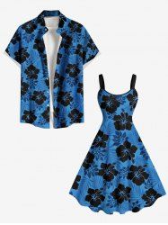 Tenue de plage hawaïenne assortie grande taille à imprimé feuilles tropicales et fleurs d'hibiscus pour couples - Bleu 