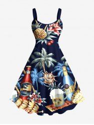 Plus Size Coconut Tree Hibiscus Flower Beer Shell Print Hawaii A Line Tank Dress -  