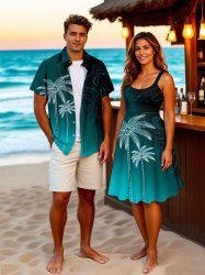 Coconut Tree Ocean Currents Print Plus Size Matching Hawaii Beach Outfit For Couples -  
