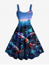 Robe débardeur trapèze grande taille à imprimé calmar et montagnes hawaïennes - Bleu profond L