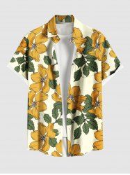 Plus Size Flower Leaf Print Hawaii Button Pocket Shirt For Men -  