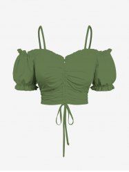 Plus Size Cold Shoulder Puff Sleeve Cinched Solid Top -  