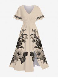 Plus Size Hibiscus Flower Leaf Branch Ethnic Print Hawaii Split Pocket A Line Midi Dress -  