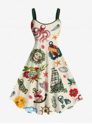 Robe trapèze hawaïenne grande taille à imprimé sirène, voilier, pieuvre, vagues, coquillages - Beige L