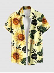 Chemise hawaïenne à poches boutons, imprimé feuilles de tournesol et branches, grande taille, pour hommes - Jaune 6XL