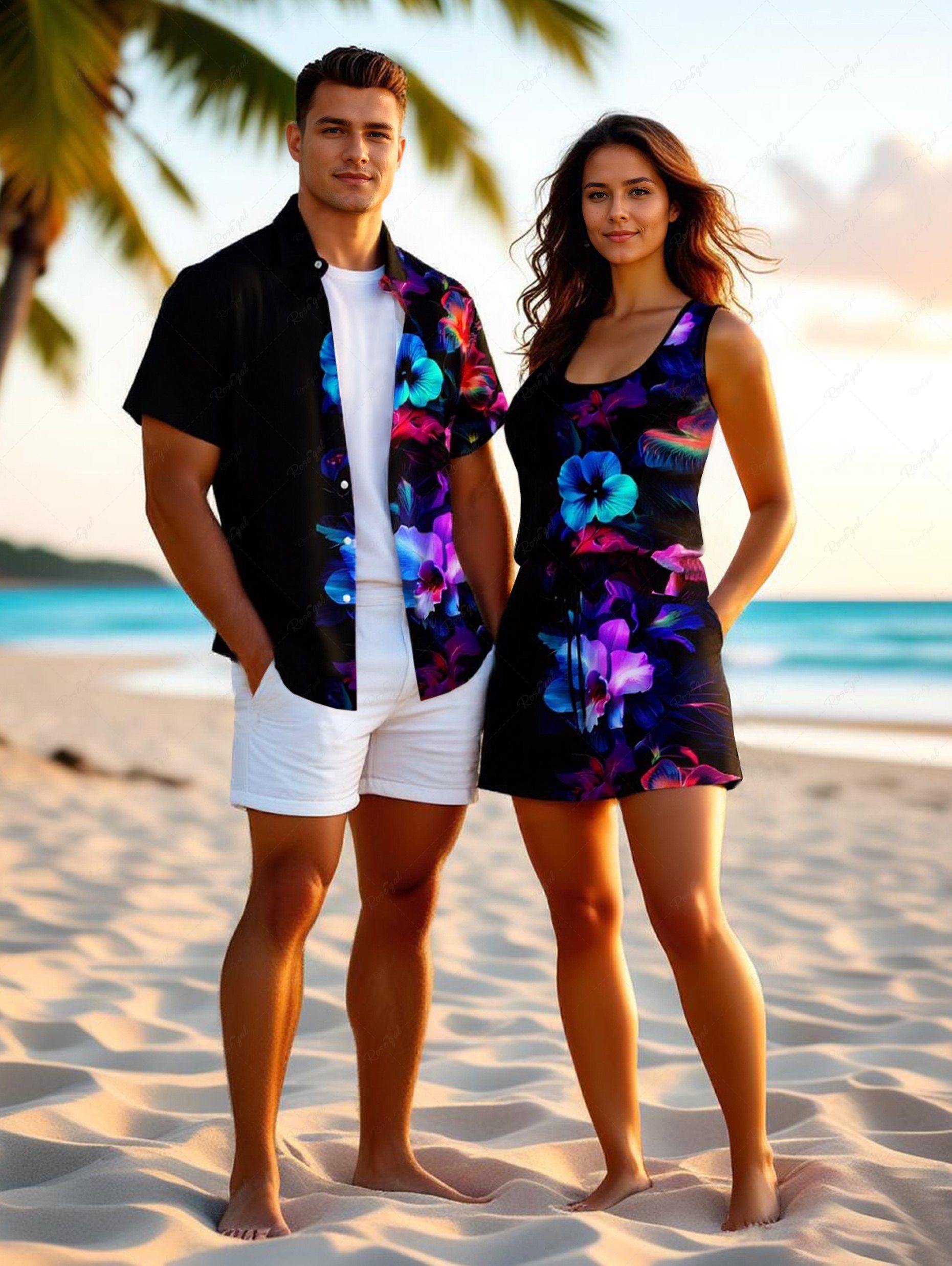 Ensemble chemise et barboteuse hawaïennes assorties, grande taille, tenue de plage, imprimé feuilles tropicales et hibiscus, pour couples Noir 